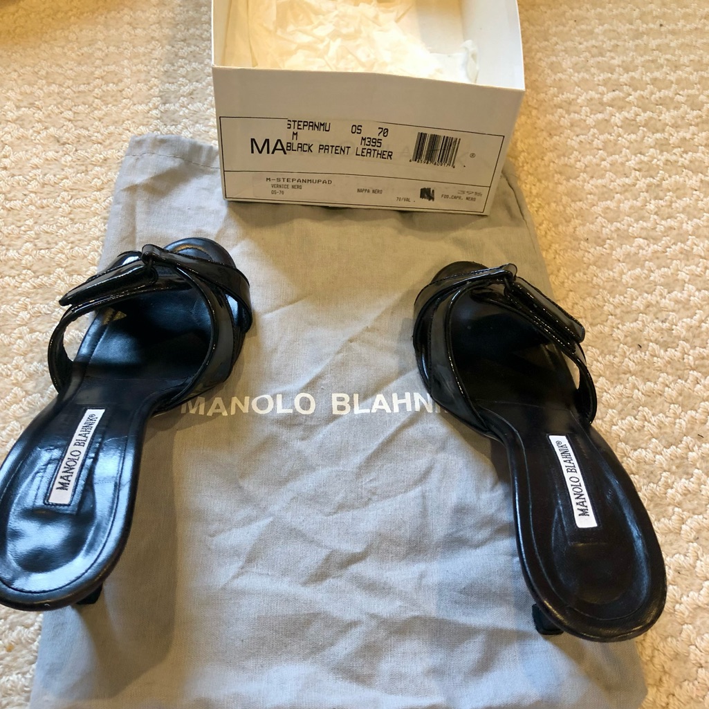 Monolo Blahnik Black Patent Leather Slides